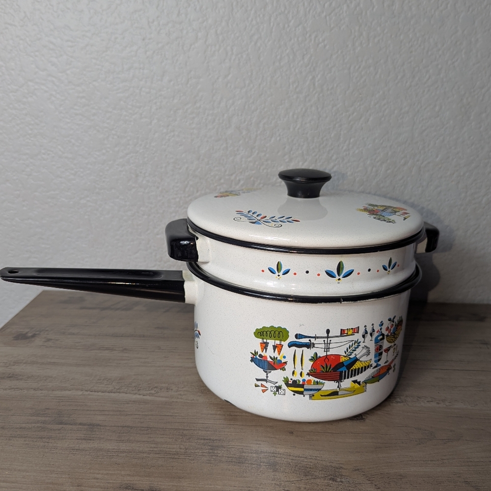 Georges Briard Enamel Ware Double Boiler Turkey Dinner Pattern